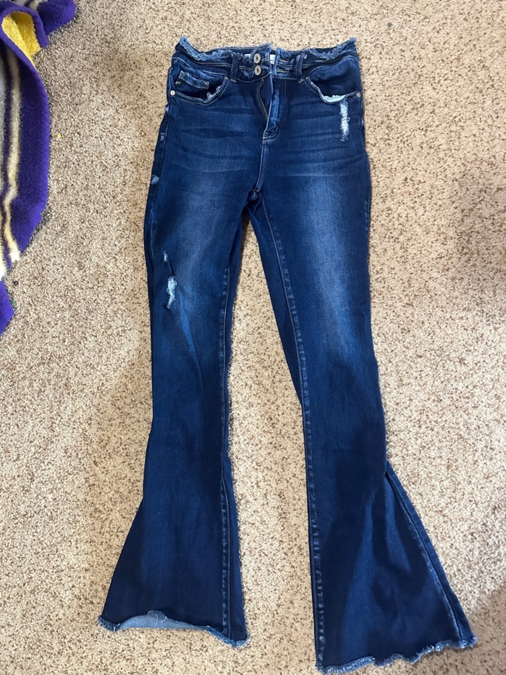 Kancan Women's Dark Blue Flared Jeans - Distressed High-Rise